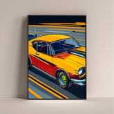 Mustang GT wall poster by Dripster featuring a vibrant yellow and orange classic car artwork